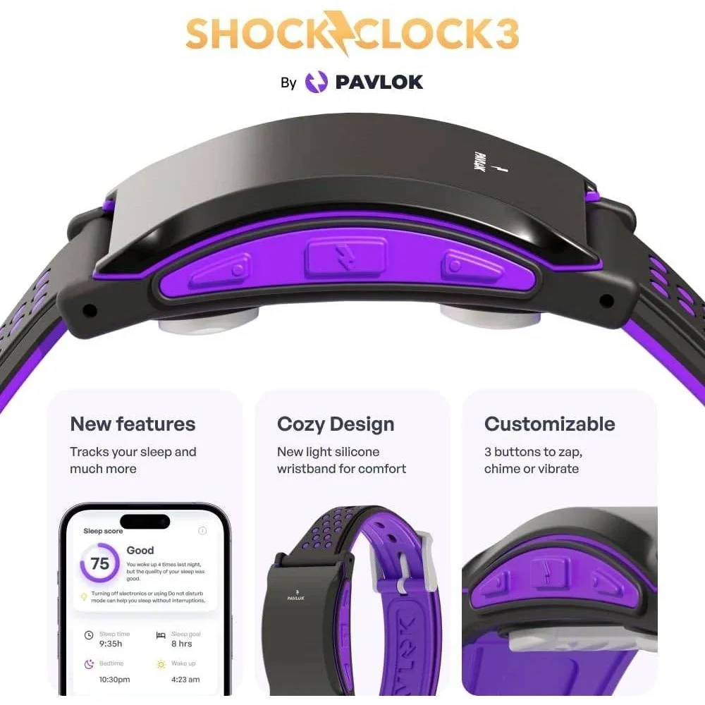 Pavlok Shock Clock 3 Wearable Silent Alarm Black Purple
